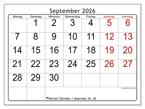 Kalender September 2026 zum Ausdrucken - Schnelllesen