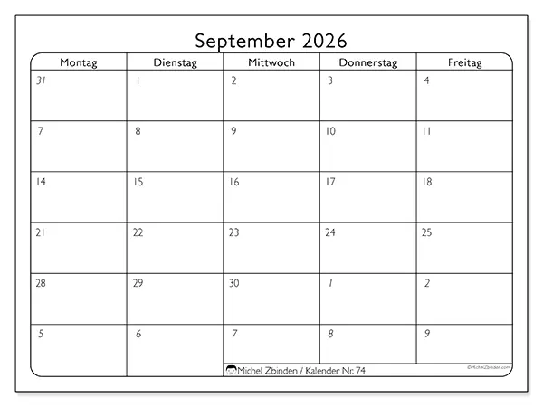 Kalender September 2026 zum Ausdrucken - Arbeitswoche
