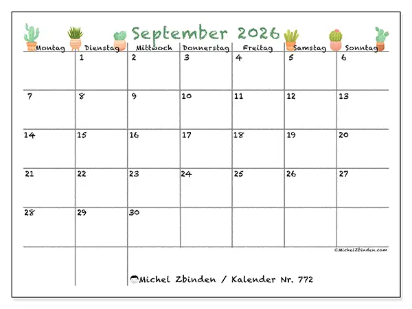 Kalender September 2026 zum Ausdrucken - Dekorative Kakteen
