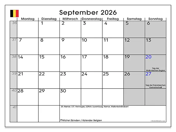 Kalender September 2026 zum Ausdrucken - Belgien