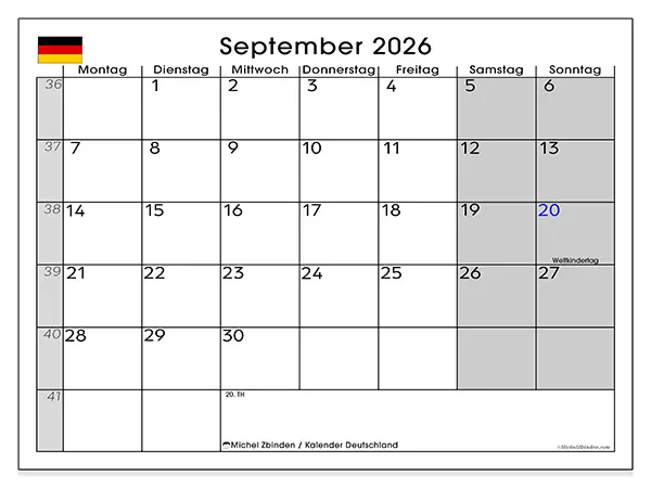 Kalender September 2026 zum Ausdrucken - Deutschland