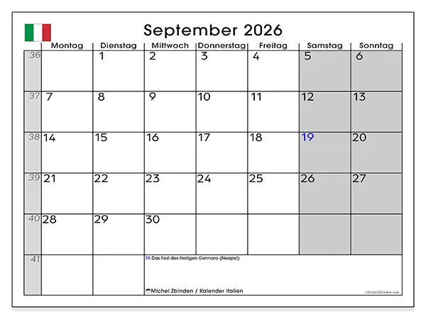 Kalender September 2026 zum Ausdrucken - Italien
