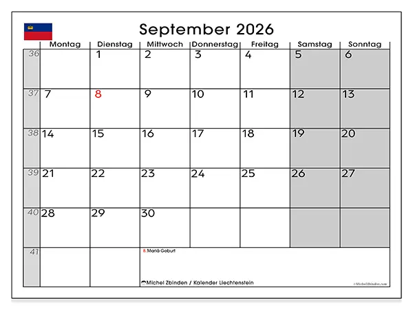 Kalender September 2026 zum Ausdrucken - Liechtenstein