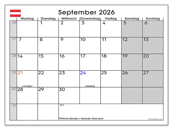 Kalender September 2026 zum Ausdrucken - Österreich
