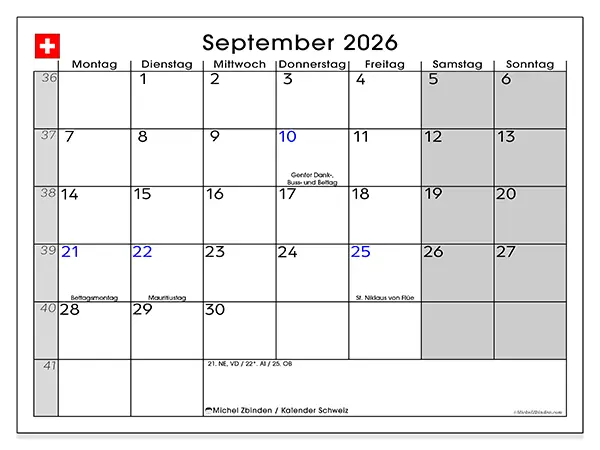 Kalender September 2026 zum Ausdrucken - Schweiz