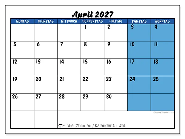 Kalender April 2027 zum Ausdrucken - Blaue Akzente