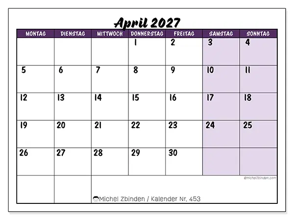 Kalender April 2027 zum Ausdrucken - Farbige Lernplanung