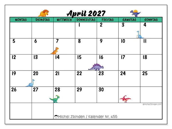 Kalender April 2027 zum Ausdrucken - Kleine Dinosaurier