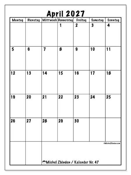 Kalender April 2027 zum Ausdrucken - Planung im Hochformat