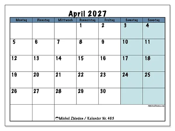 Kalender April 2027 zum Ausdrucken - Struktur für die Schule