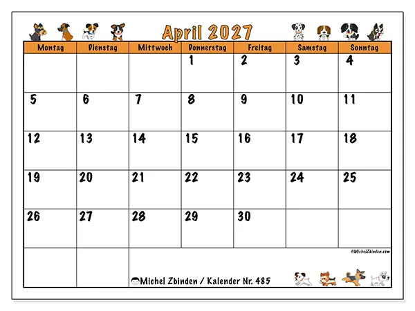 Kalender April 2027 zum Ausdrucken - Begeisterte Hunde