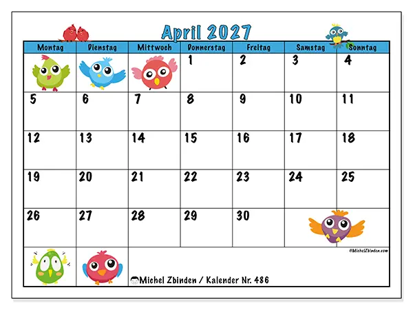 Kalender April 2027 zum Ausdrucken - Lustige Vögel