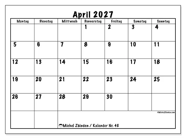 Kalender April 2027 zum Ausdrucken - Alltagsplanung