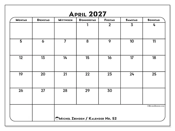 Kalender April 2027 zum Ausdrucken - Berufliche Planung