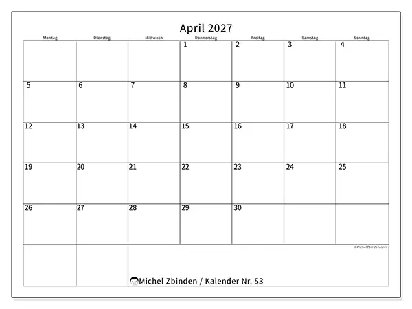 Kalender April 2027 zum Ausdrucken - Zeitplan