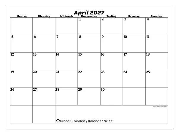 Kalender April 2027 zum Ausdrucken - Freizeitorganisation