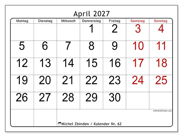 Kalender April 2027 zum Ausdrucken - Schnelllesen
