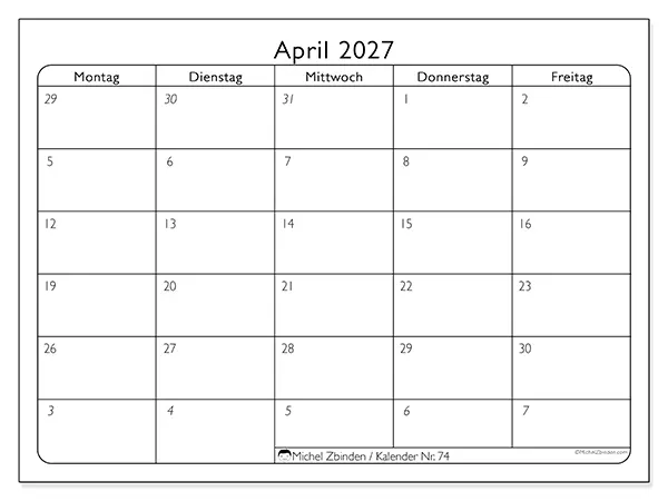 Kalender April 2027 zum Ausdrucken - Arbeitswoche