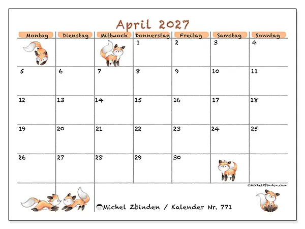 Kalender April 2027 zum Ausdrucken - Fuchszeichnungen