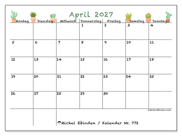Kalender April 2027 zum Ausdrucken - Dekorative Kakteen