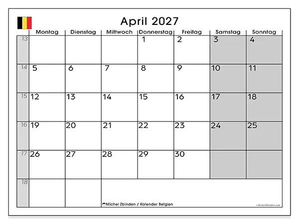 Kalender April 2027 zum Ausdrucken - Belgien