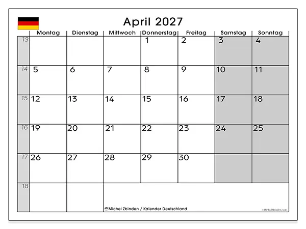Kalender April 2027 zum Ausdrucken - Deutschland