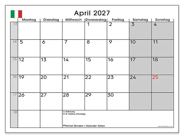 Kalender April 2027 zum Ausdrucken - Italien