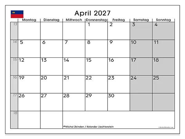 Kalender April 2027 zum Ausdrucken - Liechtenstein