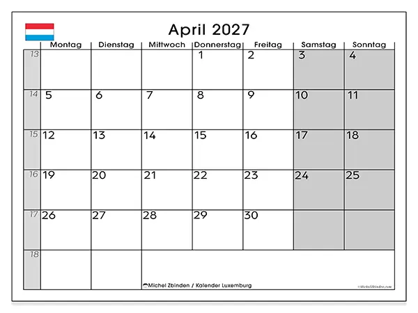 Kalender April 2027 zum Ausdrucken - Luxemburg