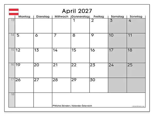 Kalender April 2027 zum Ausdrucken - Österreich