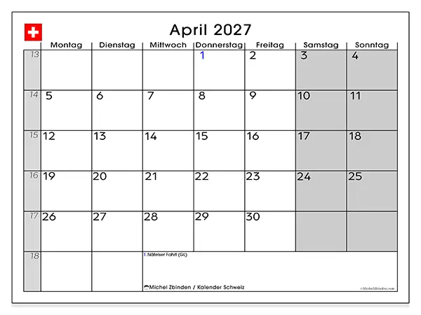 Kalender April 2027 zum Ausdrucken - Schweiz