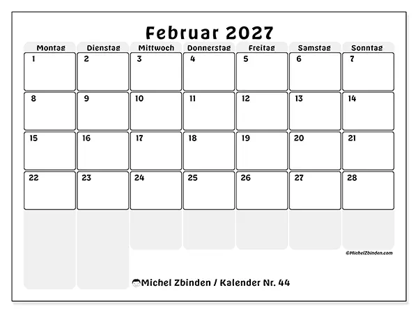 Kalender Februar 2027 zum Ausdrucken - Strukturierte Planung