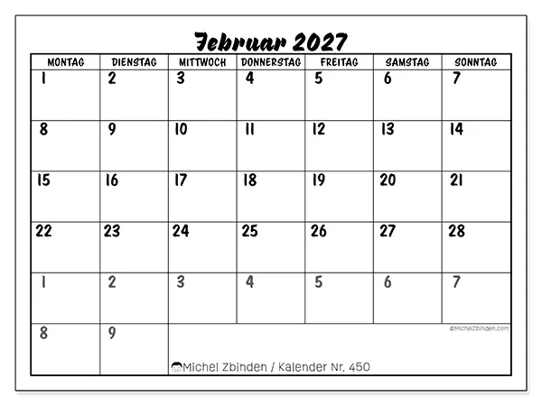 Kalender Februar 2027 zum Ausdrucken - Detaillierte Schulplanung