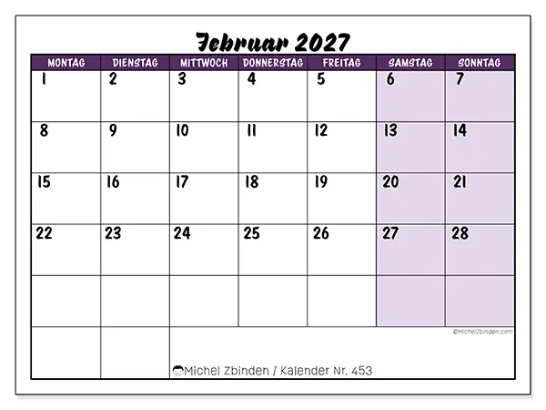 Kalender Februar 2027 zum Ausdrucken - Farbige Lernplanung