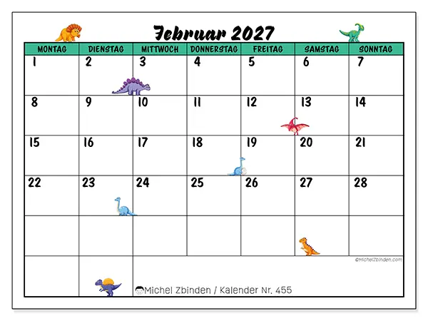Kalender Februar 2027 zum Ausdrucken - Kleine Dinosaurier