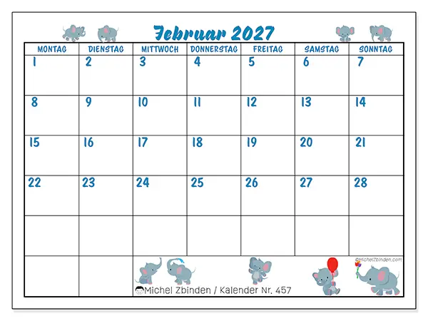 Kalender Februar 2027 zum Ausdrucken - Kleine Elefanten