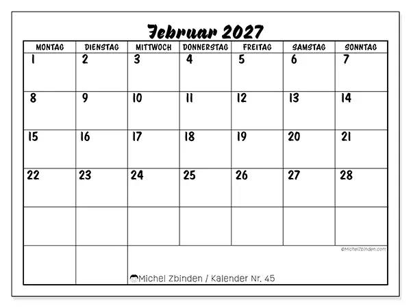 Kalender Februar 2027 zum Ausdrucken - Schulischer Erfolg