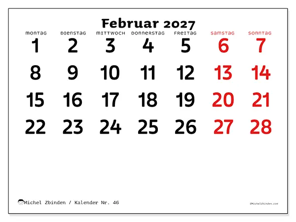 Kalender Februar 2027 zum Ausdrucken - Klare Übersicht