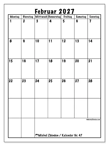 Kalender Februar 2027 zum Ausdrucken - Planung im Hochformat