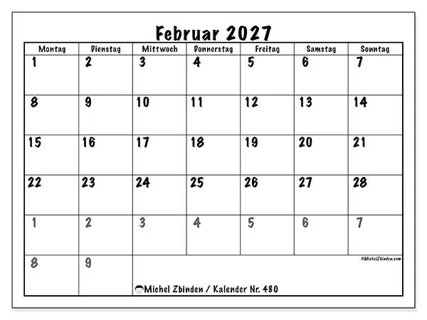 Kalender Februar 2027 zum Ausdrucken - Vollständige Planung