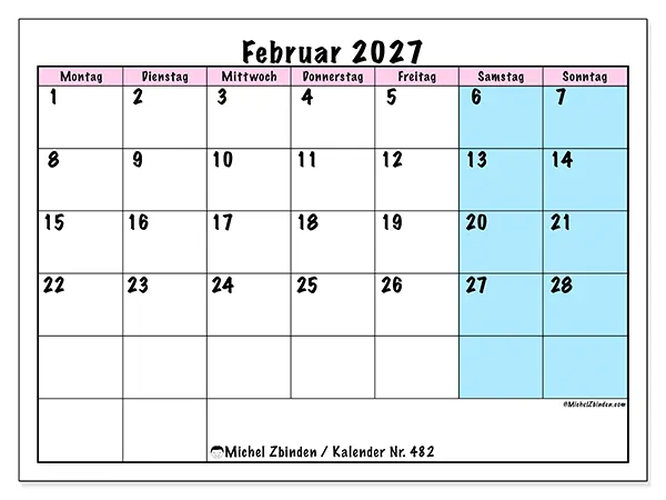 Kalender Februar 2027 zum Ausdrucken - Teamzeitplan