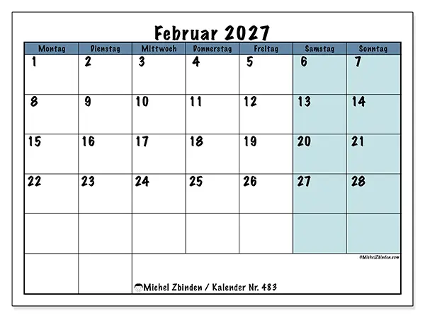 Kalender Februar 2027 zum Ausdrucken - Struktur für die Schule