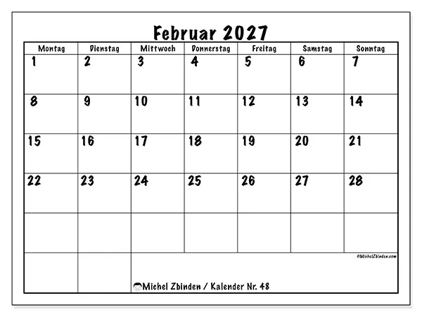 Kalender Februar 2027 zum Ausdrucken - Alltagsplanung