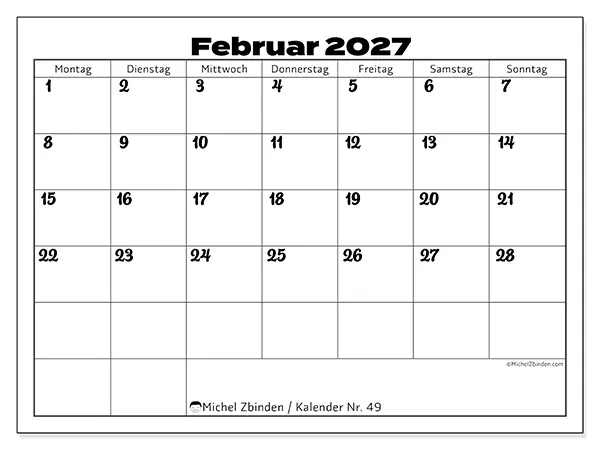 Kalender Februar 2027 zum Ausdrucken - Koordination im Arbeitsstil