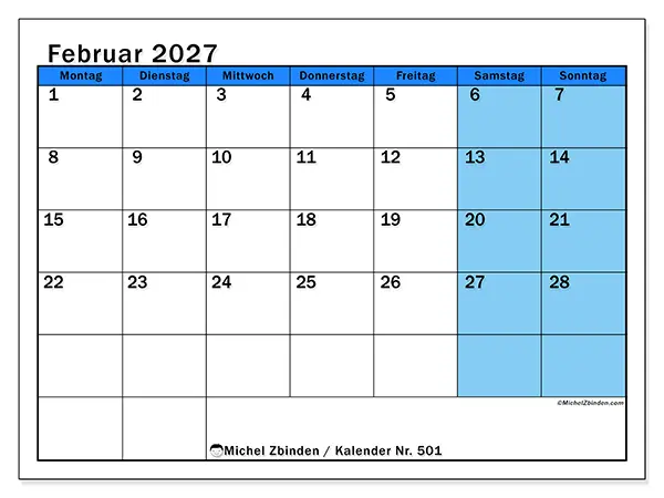 Kalender Februar 2027 zum Ausdrucken - Dynamisches Lernen