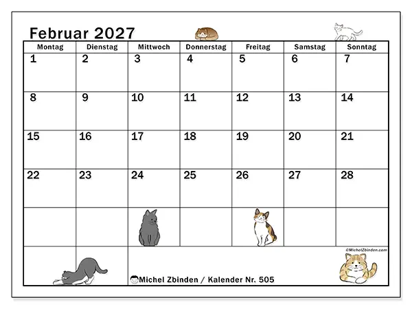 Kalender Februar 2027 zum Ausdrucken - Katzenleben