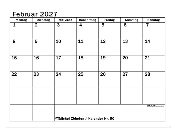 Kalender Februar 2027 zum Ausdrucken - Klassische Planung