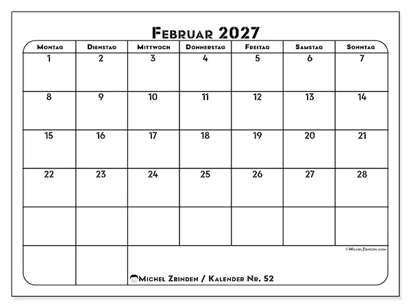 Kalender Februar 2027 zum Ausdrucken - Berufliche Planung