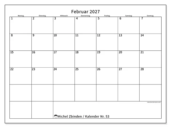 Kalender Februar 2027 zum Ausdrucken - Zeitplan
