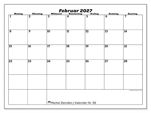 Kalender Februar 2027 zum Ausdrucken - Freizeitorganisation